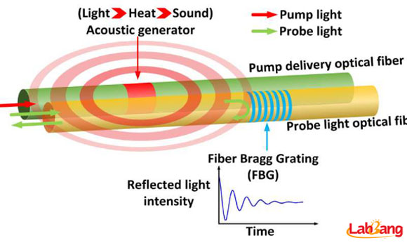 这些振动是由声探测单元接收的,一种称为光纤布拉格光栅(光纤光栅)的